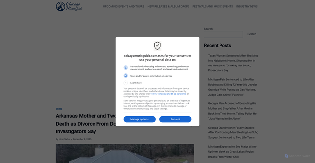 Security scan screenshot of https://chicagomusicguide.com/arkansas-mother-and-two-young-children-found-shot-to-death-as-divorce-from-doctor-husband-nears-finalization-investigators-say/