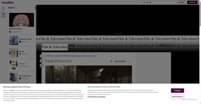 Security scan screenshot of https://film-te.fandom.com/wiki/Fatal_Attraction