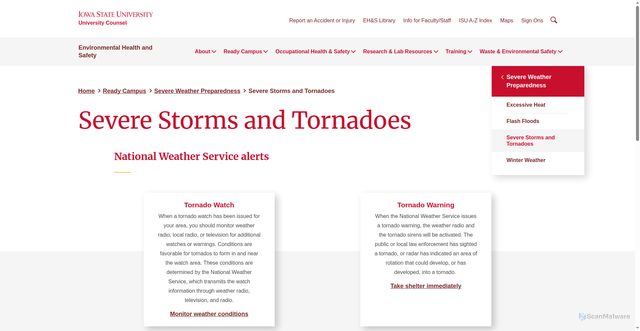 Security scan screenshot of https://www.ehs.iastate.edu/severe-storms-and-tornadoes