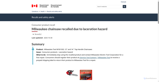 Security scan screenshot of https://recalls-rappels.canada.ca/en/alert-recall/milwaukee-chainsaw-recalled-due-laceration-hazard