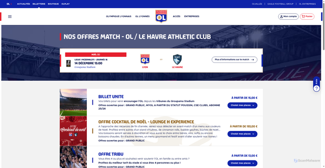 Security scan screenshot of https://billetterie.ol.fr/fr/catalogue/match-ol-le-havre-athletic-club