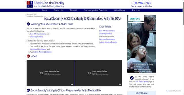 Security scan screenshot of https://socialsecuritydisability.lawyertestsite.com/rheumatoid-arthritis-social-security-disability-benefits.html