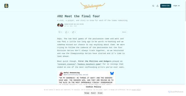 Security scan screenshot of https://bandwagon.substack.com/p/82-meet-the-final-four