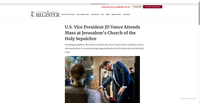 Security scan screenshot of https://www.ncregister.com/cna/u-s-vice-president-jd-vance-attends-mass-at-jerusalem-s-church-of-the-holy-sepulchre