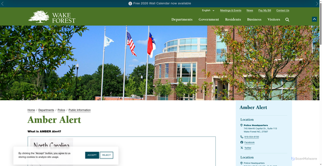 Security scan screenshot of https://www.wakeforestnc.gov/police/public-information/amber-alert