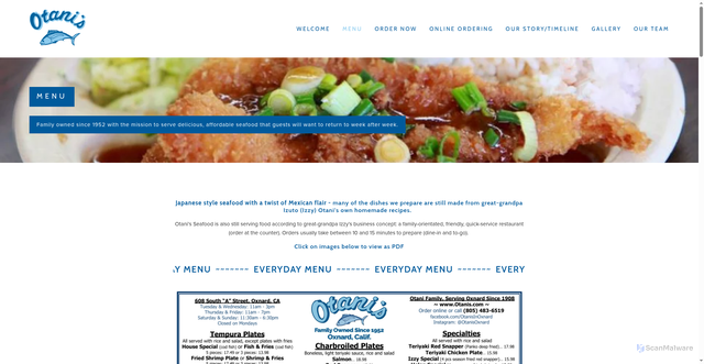 Security scan screenshot of http://www.otanis-seafood.com/menu