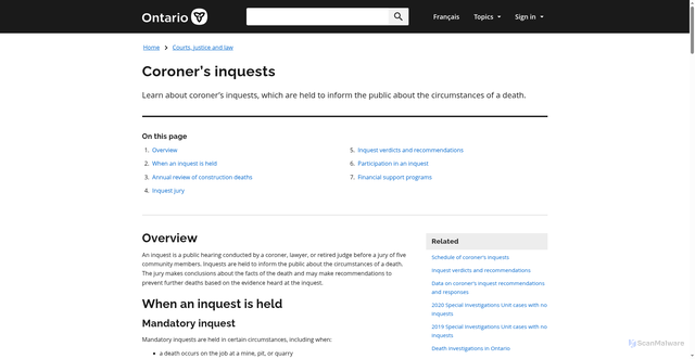 Security scan screenshot of http://www.ontario.ca/page/coroners-inquests