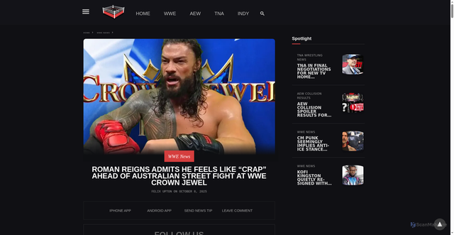 Security scan screenshot of https://www.ringsidenews.com/roman-reigns-admits-he-feels-crap-ahead-australian-street-fight-wwe-crown-jewel/