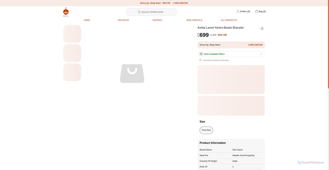 Security scan screenshot of https://shriaaum.store/Ashta-Laxmi-Yantra-Beads-Bracelet/catalogue/uQsm9y8B/-GlO8nLg