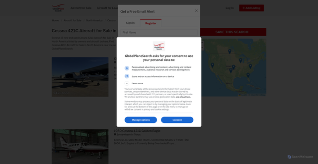 Security scan screenshot of https://www.globalplanesearch.com/aircraft-for-sale/north-america/cessna/421c