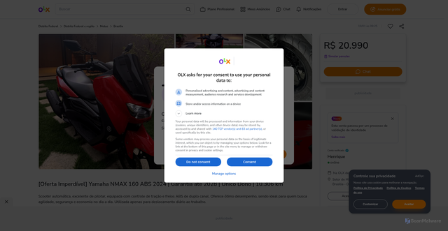 Security scan screenshot of https://df.olx.com.br/distrito-federal-e-regiao/autos-e-pecas/motos/yamaha-nmax-160-abs-2024-garantia-ate-2028-unico-dono-10-300-km-1470375169