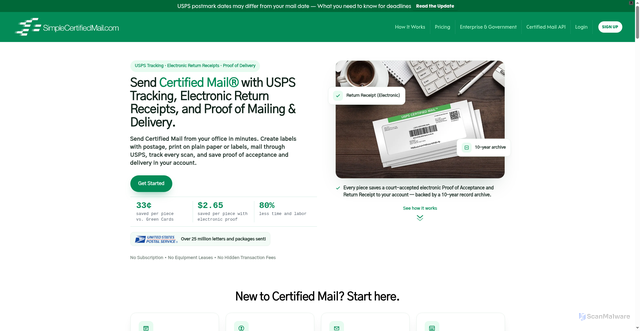Security scan screenshot of https://simplecertifiedmail.com