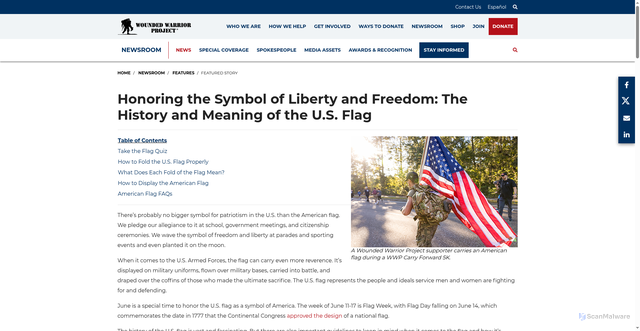 Security scan screenshot of https://newsroom.woundedwarriorproject.org/Honoring-the-Symbol-of-Liberty-and-Freedom-The-U-S-Flag