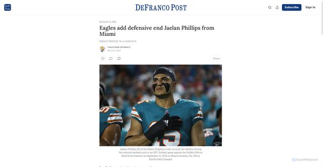 Security scan screenshot of https://www.defrancopost.com/p/eagles-add-defensive-end-jaelan-phillips