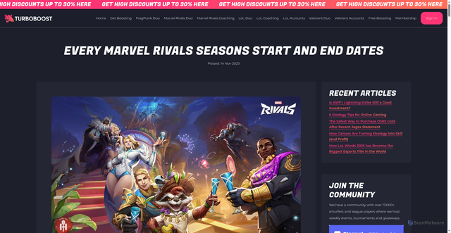 Security scan screenshot of https://turboboost.gg/article/all-marvel-rivals-seasons-start-and-end-dates