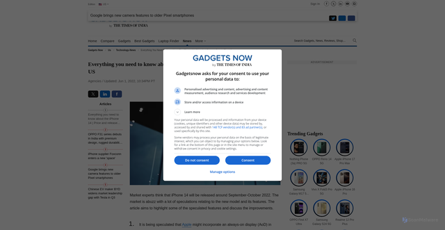 Security scan screenshot of https://gadgetsnow.indiatimes.com/us/technology-news/everything-you-need-to-know-about-the-iphone-14-price-and-release-date-in-the-us/articleshow/91963660.cms