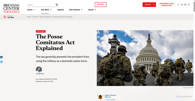 Security scan screenshot of https://www.brennancenter.org/our-work/research-reports/posse-comitatus-act-explained