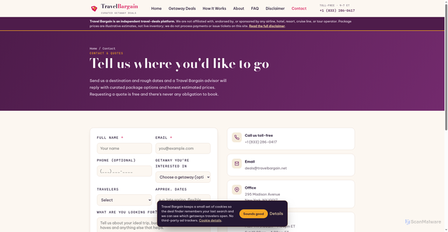 Security scan screenshot of https://travelbargain.pages.dev/contact