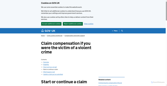 Security scan screenshot of https://www.gov.uk/claim-compensation-criminal-injury/make-claim