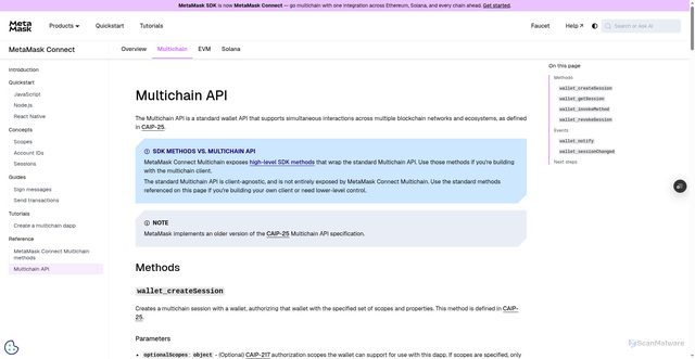 Security scan screenshot of http://metamask-docs-git-dependabot-npmandya-95394d-consensys-ddffed67.vercel.app/metamask-connect/multichain/reference/api/