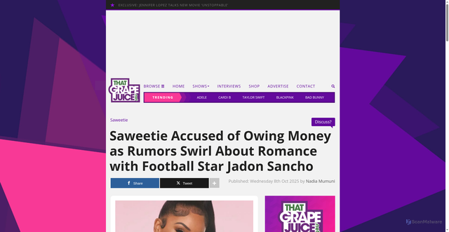 Security scan screenshot of https://thatgrapejuice.net/2025/10/saweetie-accused-of-owing-money-as-rumors-swirl-romance-with-football-star-jadon-sancho/