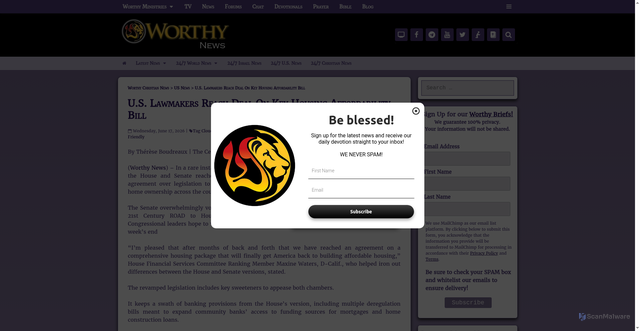 Security scan screenshot of https://www.worthynews.com/115178-u-s-lawmakers-reach-deal-on-key-housing-affordability-bill