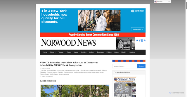 Security scan screenshot of https://www.norwoodnews.org/update-primaries-2026-blake-takes-aim-at-torres-over-affordability-aipac-war-immigration/