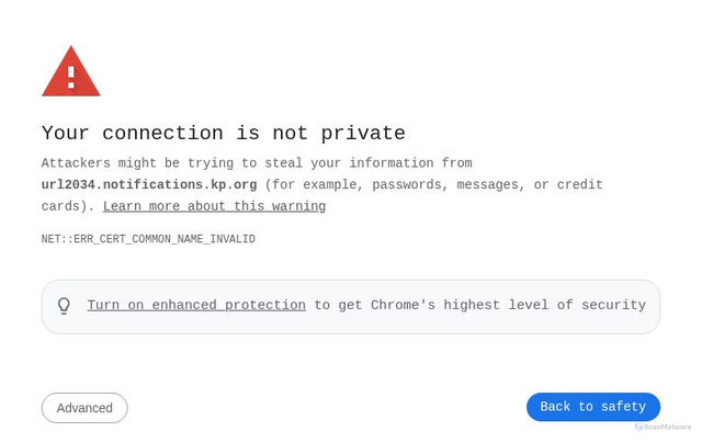 Security scan screenshot of https://url2034.notifications.kp.org
