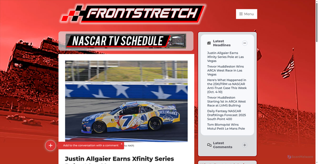 Security scan screenshot of https://frontstretch.com/2025/10/11/justin-allgaier-xfinity-series-pole-las-vegas/