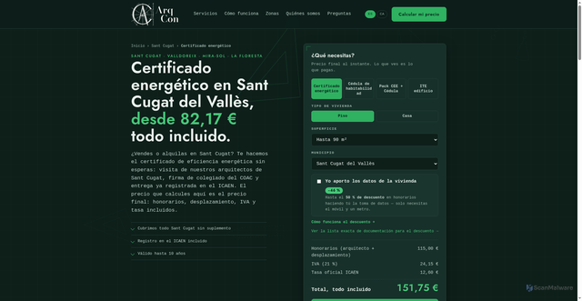 Security scan screenshot of https://arqcon-web.pages.dev/certificado-energetico-sant-cugat/
