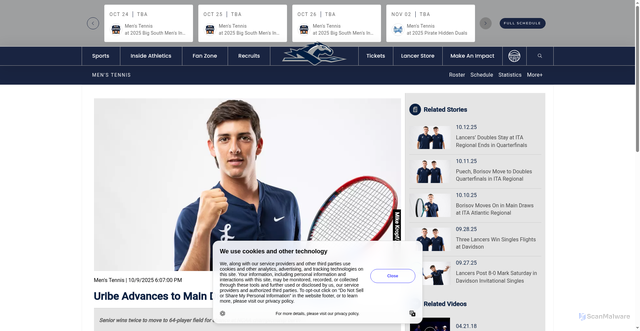 Security scan screenshot of https://longwoodlancers.com/news/2025/10/9/mens-tennis-uribe-advances-to-main-draw-at-ita-atlantic-regional.aspx