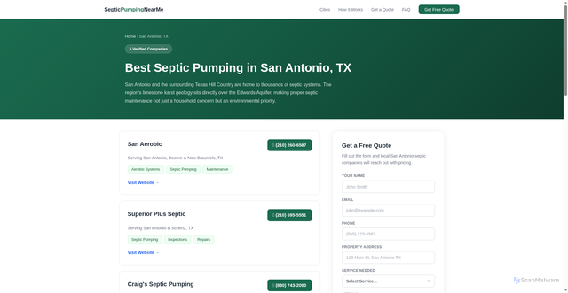 Security scan screenshot of https://findsepticpumping.pages.dev/san-antonio-tx.html