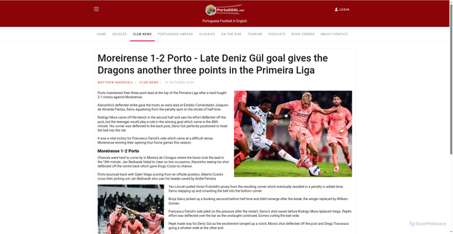 Security scan screenshot of https://portugoal.net/club-news/5244-moreirense-1-2-porto-late-deniz-guel-goal-gives-the-dragons-another-three-points-in-the-primeira-liga