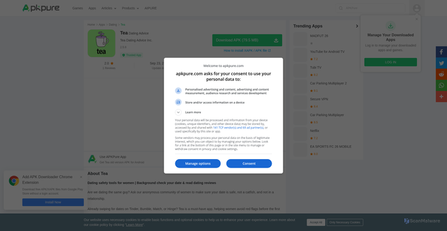 Security scan screenshot of https://apkpure.com/tea-dating-advice/com.tea.tea