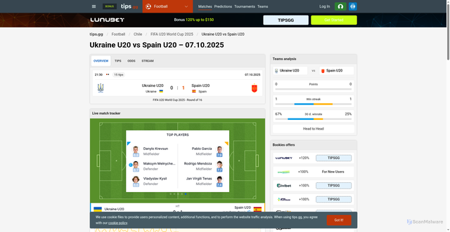 Security scan screenshot of https://tips.gg/matches/football/07-10-2025/ukraine-u20-vs-spain-u20/08-30/