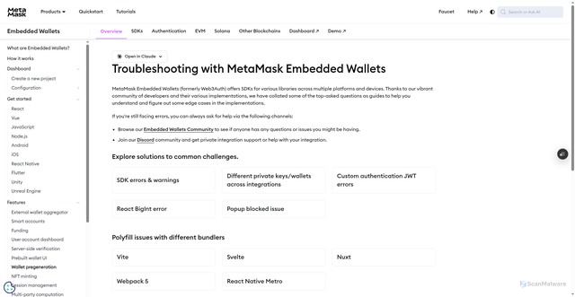 Security scan screenshot of http://metamask-docs-l8lvh00ol-consensys-ddffed67.vercel.app/embedded-wallets/troubleshooting