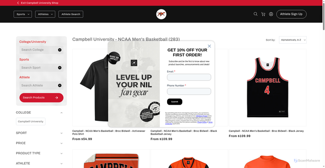 Security scan screenshot of https://athletesthread.com/collections/campbell-university-ncaa-mens-basketball?srsltid=AfmBOopNqxcq_BdHAv36545v0v8O01e3e6RqY4nwQK4VeJ-dee0yY9A_