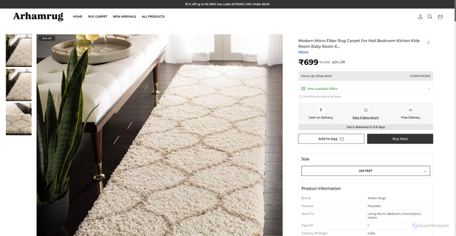 Security scan screenshot of https://arhamrug.shop/Modern-Micro-Fiber-Rug-Carpet-For-Hall-Bedroom-Kichen-Kids/catalogue/je1_kOAk/le6quaew