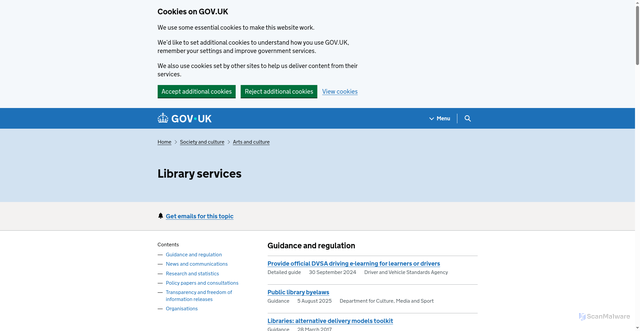 Security scan screenshot of https://www.gov.uk/society-and-culture/library-services