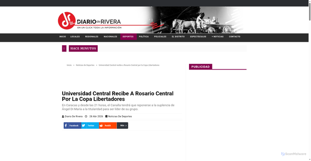 Security scan screenshot of https://www.diarioderivera.com.ar/2026/04/28/universidad-central-recibe-a-rosario-central-por-la-copa-libertadores/