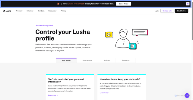 Security scan screenshot of https://www.lusha.com/privacy_topic/control-your-profile/?_gl=1*ya5h57*_ga*ODQ0MzA1OTMxLjE3NTgxMDU3NDA.*_up*MQ..*_ga_7C6N0WZ5Q3*czE3NTgxMDU3NDAkbzEkZzEkdDE3NTgxMDU3NDQkajU2JGwwJGgw
