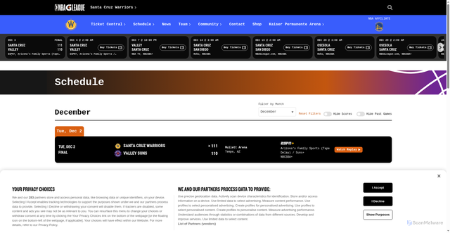 Security scan screenshot of https://santacruz.gleague.nba.com/schedule