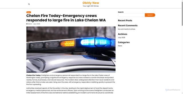 Security scan screenshot of https://obitlynew.site/chelan-fire-today-emergency-crews-responded-to-large-fire-in-lake-chelan-wa/