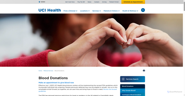 Security scan screenshot of https://www.ucihealth.org/medical-services/programs/blood-donations