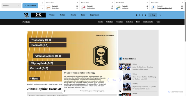 Security scan screenshot of https://hopkinssports.com/news/2025/11/16/johns-hopkins-earns-at-large-bid-to-ncaa-football-playoffs.aspx