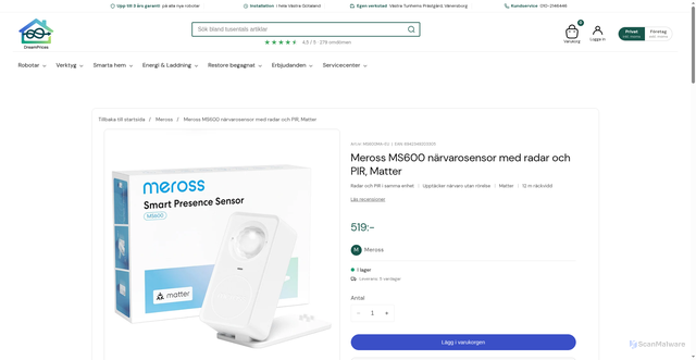Security scan screenshot of https://dreamprices.se/products/meross-ms600-narvarosensor-matter?syclid=db184nrai9oc73d3btsg&utm_campaign=hostljus10&utm_medium=email&utm_source=shopify_email