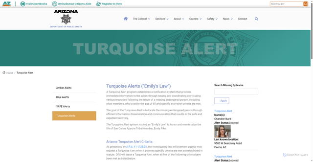 Security scan screenshot of https://www.azdps.gov/turquoise-alert