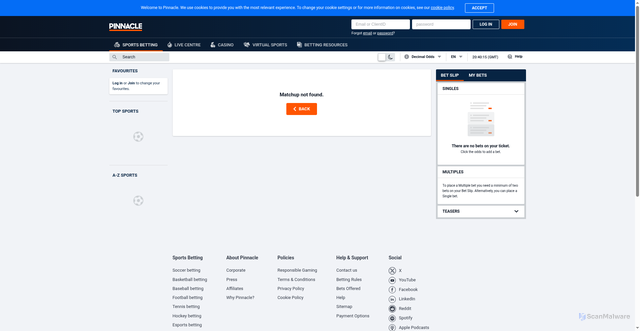 Security scan screenshot of https://www.pinnacle.bet/en/football/ncaa/missouri-state-vs-kennesaw-state/1619695535/