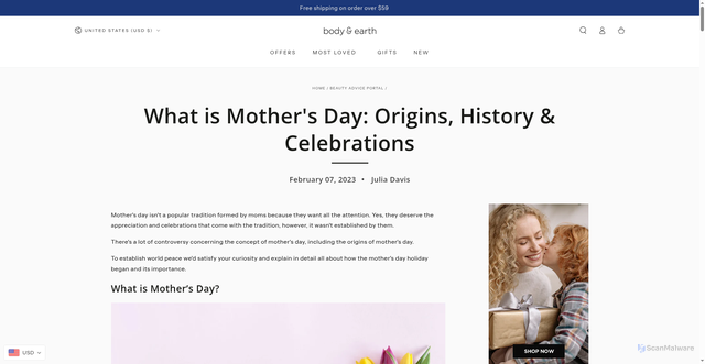 Security scan screenshot of https://bodyandearth.shop/blogs/beauty-advice-portal/mothers-day?srsltid=AfmBOoqp40oiHEq4yBHW7b2ysIMDaiwnfiL197F5fzZyKN-bFYwEJRgc