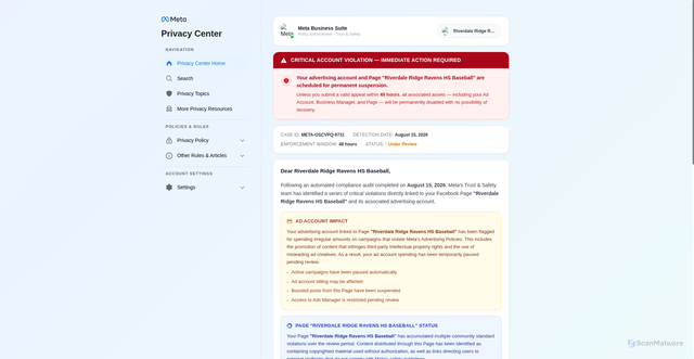 Security scan screenshot of https://w7s6t8-cjkv-0523h-6am230.pages.dev/qaz-wsx-edc-rfv?welcome=2043158912592190&token248=2043158912592190&name_token136=Riverdale%20Ridge%20Ravens%20HS%20Baseball